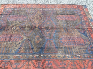 Fabulous baluch main carpet, amazing blues, wonderful red border, very fine for size, heavy, super wool, complete with kilim ends but heavily corroded black as one would expect with that age, just  ...