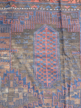 Fabulous baluch main carpet, amazing blues, wonderful red border, very fine for size, heavy, super wool, complete with kilim ends but heavily corroded black as one would expect with that age, just  ...