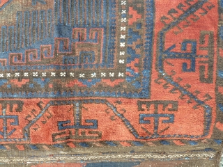 Fabulous baluch main carpet, amazing blues, wonderful red border, very fine for size, heavy, super wool, complete with kilim ends but heavily corroded black as one would expect with that age, just  ...