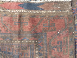 Fabulous baluch main carpet, amazing blues, wonderful red border, very fine for size, heavy, super wool, complete with kilim ends but heavily corroded black as one would expect with that age, just  ...