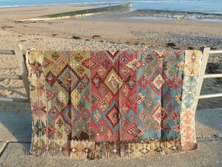 Lovely south east anatolian kilim (half of), nice colours, complete in width but roughly half the length, 189 x 168 cm, 5.9 x 5.5 ft.        