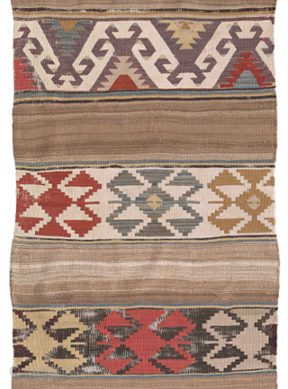 Delicate tribal flatweave from west Anatolia in camel hair and wool. The stripe is not complete, the condition is good, but showing some weakness (oxydation by the dark brown threads, little damage  ...