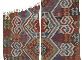 Antique central anatolian Kilim.
A two parts tribal flatweave from central Anatolia in great natural dies colours. One stripe is complete and in a good condition, with some old restorations. The other one  ...