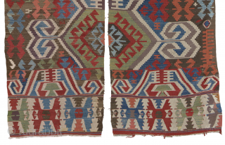 Antique central anatolian Kilim.
A two parts tribal flatweave from central Anatolia in great natural dies colours. One stripe is complete and in a good condition, with some old restorations. The other one  ...