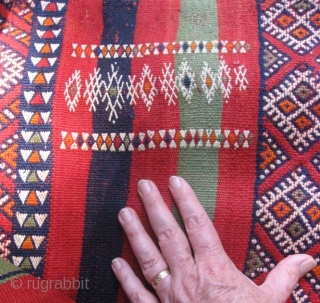 Very finely woven Moroccan Middle Atlas flatweave rug with plain bands in a brick red-orange, deep blue and green, and intricate design bands plus added vertical bands. The very fine work can  ...