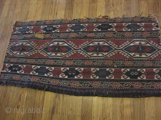 Karabagh Mafrash Caucasian bagface from the 19th century. Has a few holes and some fraying of edges. 3'x 1'6"              