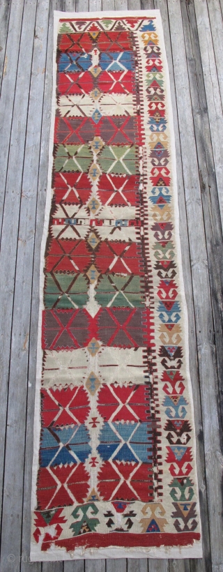 Early Central Anatolian Kilim Half,80x340,great individual interpretation of a well known design,proffessionaly mounted.                    