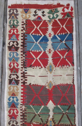 Early Central Anatolian Kilim Half,80x340,great individual interpretation of a well known design,proffessionaly mounted.                    