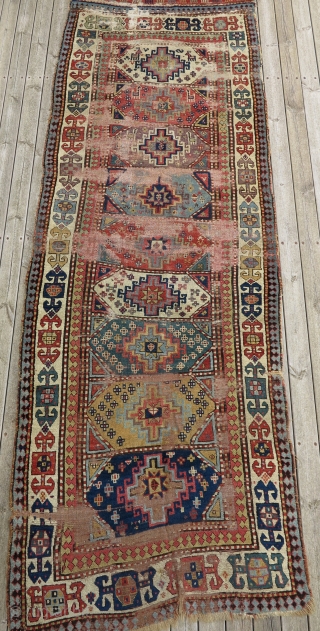 Early South Caucasian-Moghan long rug, first half of 19th century, 110X320cm. A bit worn, but quite complete and have the spirit of a real old Caucasian village rug!     