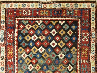 Caucasian Zakatala Rug, ca. 1880, 138x172cm, in very good condition (except partial corrosion of the black background in the field). 
Relatively small and squarish rug with all natural beautiful colours and shiny  ...