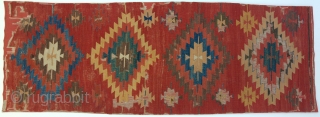 Central Anatolian Kilim, Karapinar, ca. 1800, 110x295cm, damaged but complete, professionally mounted on red linen, unusually spacious and rustic interpretation of well known design...Great Thing! https://www.mbtextileart.com/       