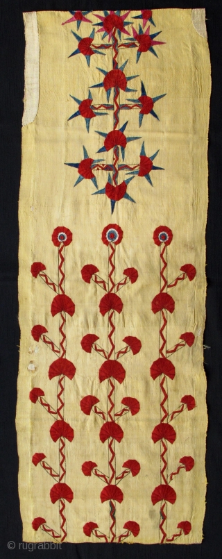 Turkmen Yellow Chirpy Back Panel,silk embroidery on silk background,19th century,35x100cm,unique design.                      