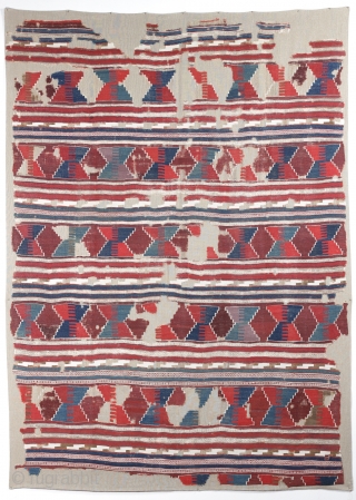 Early Anatolian Kilim Fragment, Ex Sailer Collection, 18th century or earlier, 190x295cm, very fine weave, rare and sophisticated design, early color palette with cotton highlights, professionally mounted on linen. Monumental!
www.mbtextileart.com   