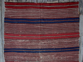 Early Yuncu Striped Kilim,ca.1800,140x210cm,complete with some use damage,great colors,textile like qualities of weave and handle.Beauty of Simplicity!                