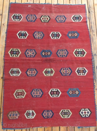 Early Shahsavan? Kilim Fragment,125x185cm,very finely woven on cotton warps using lazy lines in the red background,a r t.               
