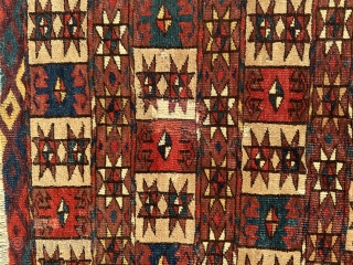 Yomut-group (or P-Chodor?), small rug-fragment, early 19th c., bright squares seem to be camel wool, some repair (visible on photos)             