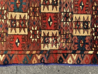 Yomut-group (or P-Chodor?), small rug-fragment, early 19th c., bright squares seem to be camel wool, some repair (visible on photos)             