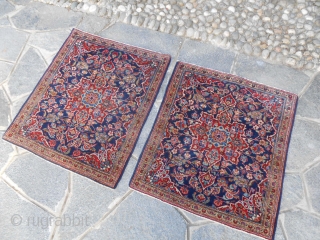 A pair of fine and very old Kashan. Pieces in very good condition. Wool on cotton foundations. Beautiful colours. 
Size:  cm. 75 x 86   and  73 x 86  ...