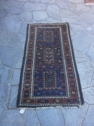 Antique fine BALOUCH carpet.
May-be a Belouch knotted to ARAB tribe. 
In good condition = FULL pile.
Only damages upon the ends.

SIZE: cm. 170 x 95. circa
Great design and colors for this
very original piece.
The  ...