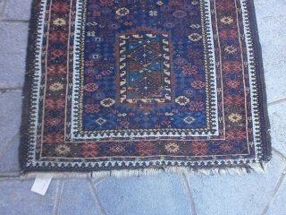 Antique fine BALOUCH carpet.
May-be a Belouch knotted to ARAB tribe. 
In good condition = FULL pile.
Only damages upon the ends.

SIZE: cm. 170 x 95. circa
Great design and colors for this
very original piece.
The  ...