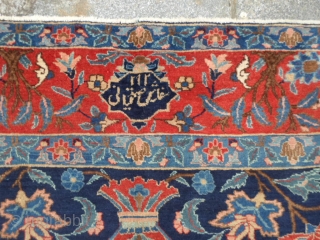 Oriental persian carpet with a date in Egira upon one end (1321 Egrira Moon=1904 Gregorian Soon). In very good condition for the age. Woll welvelty and beautiful
natural dyes for this Khoy-Tebris antique.
More  ...