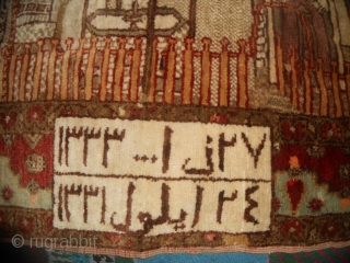 208x118 cm Antique dated 1331/1333 Egira (moon) = Gregorian calendar 1912/1916 (soon).
In very good condition (only 3/4 little old repils).
Very original pictorial carpet with PANORAMA of Bisanzio (Costantinopoli).
Fastened colors vegetal. 
More info  ...