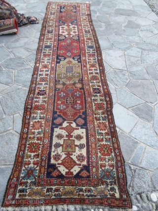 Antique runner knotted in north-west Persia by the nomadic tribe of Shahsavan, Moghan area. Very unusual pattern for a runner; with design was knotted in the mafrash of this
nomadic tribe. All the  ...