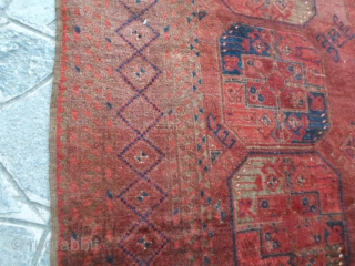 404 x 256 cm is the size of this antique ERSARI-Afghan with Big ersari gols. All 
wool and all natural dyes and shiny wool for this one. Very good condition and 
carpet  ...