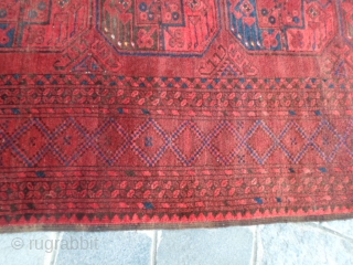 404 x 256 cm is the size of this antique ERSARI-Afghan with Big ersari gols. All 
wool and all natural dyes and shiny wool for this one. Very good condition and 
carpet  ...