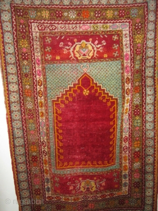 Antique prayer rug knotted around Kirshir village of central Turkey-Anatolia.
Good condition, some areas of pile damaged. Washed professionally. Size cm
149 x 98  cm. More info or photos on request.
REGARDS  from  ...