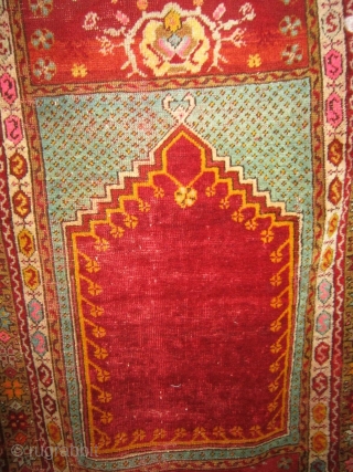 Antique prayer rug knotted around Kirshir village of central Turkey-Anatolia.
Good condition, some areas of pile damaged. Washed professionally. Size cm
149 x 98  cm. More info or photos on request.
REGARDS  from  ...