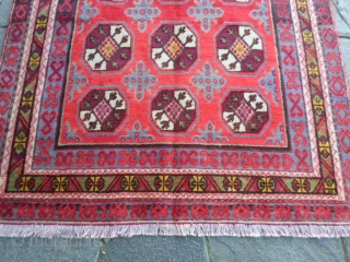 Very good condition for this Xinjiang carpet, knotted
in the OASI of KHOTAN; size cm. 277 x 137 cm.
Design with original turkmen gols.
Info and photos on request.
All the best from COMO !
Maurice  