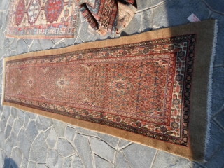 SERABEND runner antique in very good condition.
Full pile and original size of 400x100 cm.
Design botteh mir and camel hair, with natural
dyes for this runner. Khotted with a fine knot.
More info and photos  ...