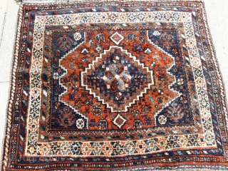 0008  Full pile Qashqai Shiraz rug from circa 1900-1910...It hes been used on the table .. All natural colours ...Size is 100x90 cm (3.2x2.9 feet)       