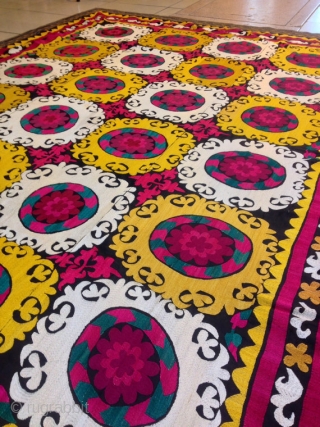 Antique Uzbek silk embroidery Suzani 
Very beautiful suzani

100% handmade

Size: 290 cm X 220 cm


Suzani

Suzani is a type of embroidered and decorative tribal textile made in Tajikistan, Uzbekistan, Kazakhstan and other Central Asian  ...