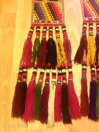 Multi colored antique Uzbek tassel

Size: 60 cm X 15 cm

100% handmade

VINTAGE UZBEK TASSELS :
”Segusha”( Triangle) is a decorative embellishments, whose function, was to decorate the beddings tucked away folded against the walls  ...