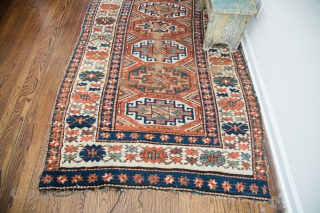 antique Kazak. great colors: aubergine, celadon green, saffron yellow, indigo blue. gorgeous. wefts also a rainbow of colors. from an estate owned by one woman for 80 years. Professionally cleaned, great for  ...