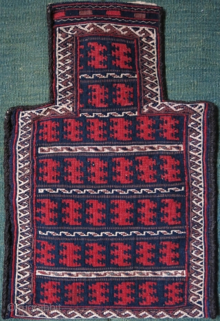 Afghanistan Baluch kilim salt bag, all wool, goat hair side wrappings, natural colors, great condition.  Circa 1920s. Size: 52 cm x 33 cm (21” x 13”).      