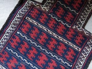 Afghanistan Baluch kilim salt bag, all wool, goat hair side wrappings, natural colors, great condition.  Circa 1920s. Size: 52 cm x 33 cm (21” x 13”).      