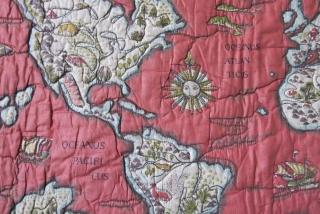 European printed and embroidered satin world map.  It has metallic chain stitched bordering around continents. It has plain fine cotton backing. Should be sometime early 20th century. Size:118 cm X 112 cm (46"x 44"). 