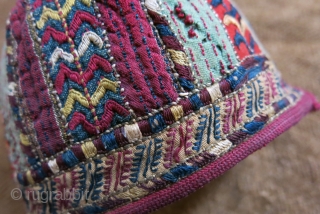 Turkmen Tekke ethnic child hat, silk embroidery on hand loomed cotton and silk. Embroidered trim and cotton lining. Circa 1900 or earlier.
Size: 5” – 13 cm circumference / 4” – 10 cm  ...