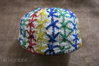 Anatolian– Kutahya, tribal glass beads embroidered hat. All beads have great color shades of natural dyes. It has been used on special holidays and ceremonial days (circumcision). It is well used and  ...