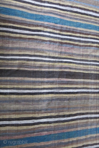 Luri Baktiari tribal minimalist bedding pile cover kilim. All wool  2” narrowed from each side. Faded fuchsine and good natural colors. A real tribal weaving. Late 19th. Size: 89” X 52” (225 cm X  ...