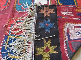 Vintage hand embroidered kilim - flat weave from Uzbekistan, made by the tribe named Lakai. Circa 1890s. It has hand dyed and hand spun natural saturated colors. It has stylized pinwheel and  ...
