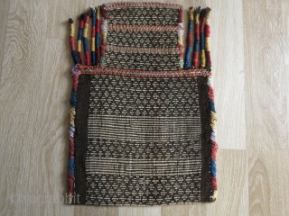 Persian Hallach tribal salt bag. Double side warp face woven. Circa 1920. Mostly natural colors. Size: 32 cm x 47 cm (12.5" x 18.5").         