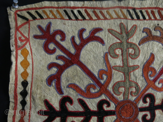 Kirgiz talisman hanging. Wool embroidery on soften leather. Traditional zoomorphic motifs. Circa 1920-40. Size: 40 cm x 40 cm (15.7" x 15.7").           