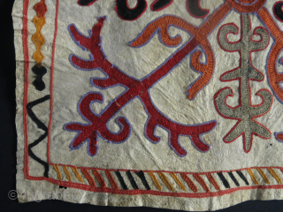 Kirgiz talisman hanging. Wool embroidery on soften leather. Traditional zoomorphic motifs. Circa 1920-40. Size: 40 cm x 40 cm (15.7" x 15.7").           