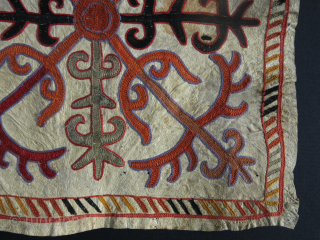 Kirgiz talisman hanging. Wool embroidery on soften leather. Traditional zoomorphic motifs. Circa 1920-40. Size: 40 cm x 40 cm (15.7" x 15.7").           