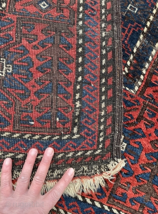 And Last but Not Least - Baluch Rug with Yellow Mina khani pattern, well drawn main border and beautiful saturated colors - 3'3 x 5'7 - 99 x 168 cm.   