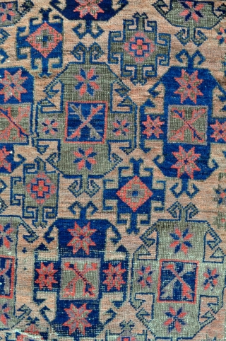 Baluch rug with Gurbaghe Guls and rare border, all natural colors including a nice lavender and purple, 19th c. piece in good original condition without repairs.
Side selvages in good original condition and  ...